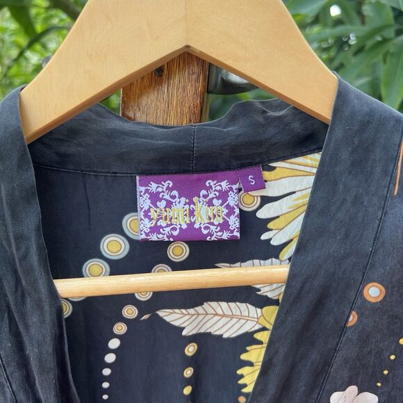 Yumi Kim Black 100% Silk Babydoll Tunic Dress Small Floral V-Neck Short Sleeve - Picture 5 of 13